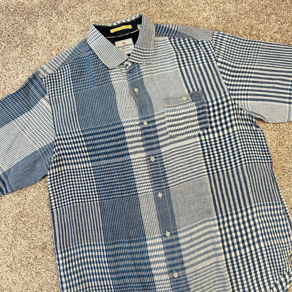 Tommy Bahama Linen Shirt Plaid Long‎ Sleeve Island Crafted Men Size Large Blue